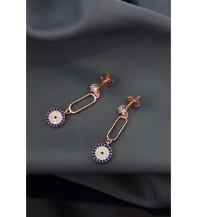 Papatya Silver 925 Ayar Gümüş Rose Kaplama Zirkon Taşlı Tek Taş Sallantılı Kutup Nazar Küpe