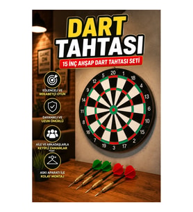 15 İnç Ahşap Dart Tahtası – 4 Metal Uçlu Dart Oku ve Askı Aparatlı Set