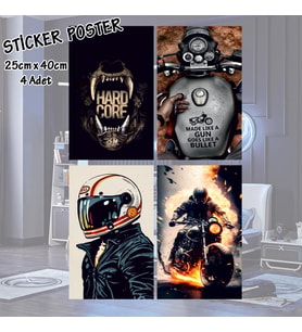 harley motosikler sürücü kasklı hard core - 4 adet yapışkanlı poster sticker etiketler - dolap cam oda için