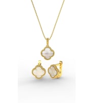 925 Ayar Beyaz Sedef Taşlı Gold Van Cleef Yonca Kolye Küpe 2'li Gümüş Set-Takım