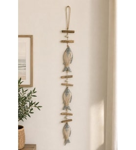El İşçiliği Doğal Ahşap Balık Figürlü Duvar Objesi 116 cm Bohem Coastal Stil Dekoratif Duvar Sanatı