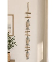 El İşçiliği Doğal Ahşap Balık Figürlü Duvar Objesi 116 cm Bohem Coastal Stil Dekoratif Duvar Sanatı