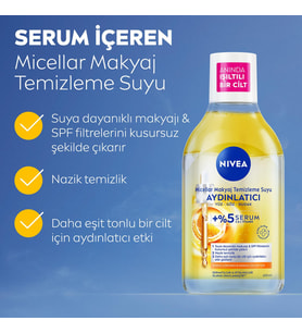 Micellar Aydınlatıcı Makyaj Temizleme Suyu 400 ml,Suya Dayanıklı Makyajı Çıkarır,Ovalama Gerektirmez,Serum İçerikli,C Vitamini,E Vitamini