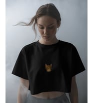 Minimal Bengal Kedi Baskılı Siyah Crop Tişört Kadın Oversize Rahat Kalıp