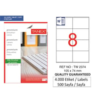 Tanex Lazer Etiket tw-2374 500 A4 Sayfa Laser Etiket 105 X 74 mm Boyutunda 1 A4 Sayfada 8 Etiket
