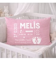 İsme Özel Bebek Doğum Bilgili Yastık Kılıfı (40x35 cm) – %100 Pamuk Saten (Pembe)
