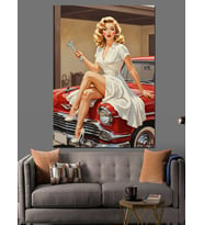 Kırmızı Araba Vintage Kadın Dekoratif Kanvas - Mdf Ahşap Tablo