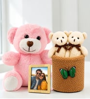 Kişiye Özel Fotoğraflı Pembe Peluş Ayıcık ve Peluş Saksıda Ayıcık Buketi Arkadaşa Kadına Sevgiliye Hediye Seti