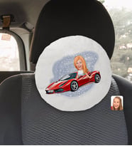 BK Gift Kişiye Özel Plakalı Kadın Ferrari F12 Karikatürlü Yuvarlak Araç Koltuk Yastığı-1