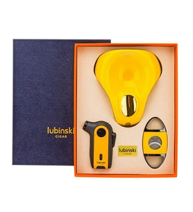 Lubinski Tek Torch Pürmüz Çakmak Kesici Küllük Sarı Üçlü Puro Seti LB-728