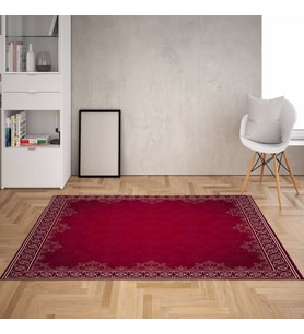 Geometrik Desen Çerçeveli Dijital Baskı Yıkanabilir Kaymaz Taban Düz Salon Halısı (Bordo)