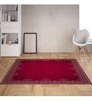 Geometrik Desen Çerçeveli Dijital Baskı Yıkanabilir Kaymaz Taban Düz Salon Halısı (Bordo)