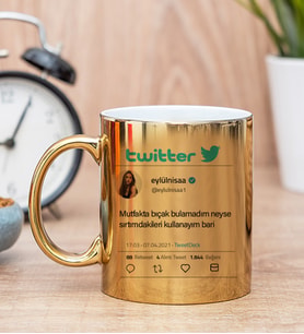 Kişiye Özel Twitter Tasarım Fotoğraflı Gold Kupa Bardak