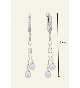 925 Ayar Gümüş Özel Üretim 6 mm İnci Sallantılı Küpe 6 cm Çift Zincirli Kadın Küpe