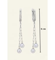 925 Ayar Gümüş Özel Üretim 6 mm İnci Sallantılı Küpe 6 cm Çift Zincirli Kadın Küpe