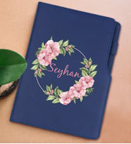 BK Gift Kişiye Özel Çiçek Tasarımlı Lacivert Termo Deri Not Defteri 15x21cm-17