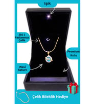 Işıklı Premium Kutuda Satürn Star Kolye Mavi Gold Renk  Anneler Günü Hediyesi (Kristal Mavi)