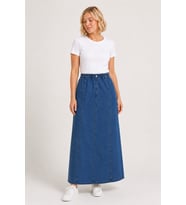 Beli Lastikli Dikiş Panelli Denim Maxi Etek Y26-7592-Mavi