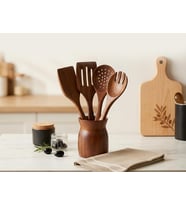 Premium Akasya Ağacı Mutfak Gereçleri Seti - 4 Parça Kaşık/Spatula Seti ve Şık Ahşap Tutucu - Gıdayla Temasa Uygun, Doğal ve Antibakteriyel - Mutfak İçin Ergonomik Tasarım