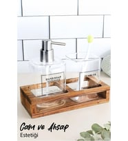 Ahşap Standlı Cam Sıvı Sabunluk Seti - Sıvı Sabun Şişesi & Diş Fırçalığı Banyo Seti (Gümüş 550 ml) (Şeffaf)