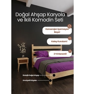 Natura Model Masif Ahşap Karyola ve 2 Adet Komodin Kolay Kurulum Fırınlanmış İthal Sibirya Çamı 140x190 Yatak Uyumlu 2 Adet Komodin