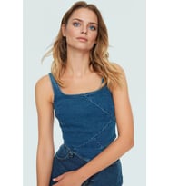 Regular Kalıp Denim Bluz Kare Yaka Kalın Askılı Pamuklu Mükemmel Uyum Modern Stil