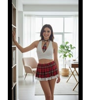 Fantezia Night Kadın Cesur Ekoseli Siyah Dantelli Mini Etek, Tanga ve Bluz Takım