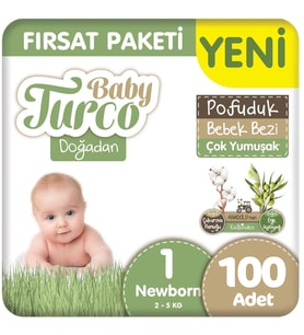 Baby Turco Doğadan 1 Beden Pofuduk Bebek Bezi Fırsat Paketi 50x2 100 Adet