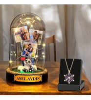 Kişiye Özel İsimli ve 3 Fotoğraflı Pandalı Fanus & Lotus Kolye  Led Işıklı Tasarım