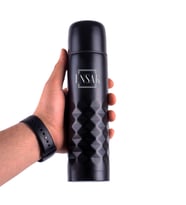 İsim Tasarımlı Çift Katlı Kapaklı Siyah Çelik Termos Matara 0.50 Litre
