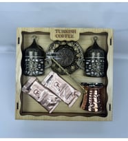 Özel Ahşap Kutusunda 2'li Nostaljik Fincan,Türk Kahvesi ve Cezve Takımı (Antik Sarı Altın)