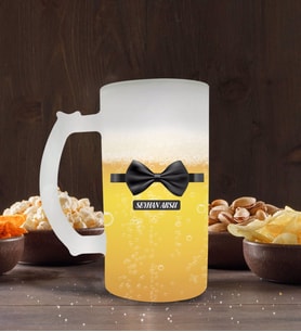 BK Gift Kişiye Özel Papyon Tasarımlı Buzlu Cam Bira Bardağı 50cl-1 (Beyaz)