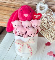 Solemia Premium Hediye Kutusunda 45 cm Fuşya Bunny Tavşan ve 5 Adet Pembe Peluş Ayıcık Buketi