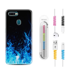 Oppo A5S A15 A16 A54 A55 A73 A74 Kılıf Kablo Koruma Spiral Silikon Blue Fire 1678