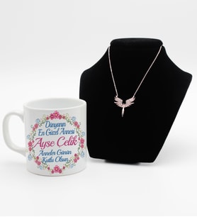 Anneler Gününe Özel Baskılı Beyaz Kupa Bardak & Rose Gold Mikail Kolye Hediye Seti
