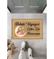 Bebek Uyuyor Lütfen Zile Basmayın Yazılı Kız Çocuk Figürlü Kapı Paspası 40 x 60 cm