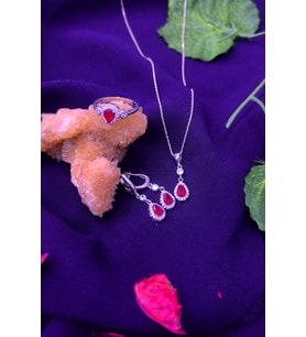 Damla Model Zirkon Taşlı 925 Ayar Gümüş Üçlü Set (Kırmızı)