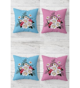 Gül Buketi Ve Papatya Vintage Gizli Fermuarlı Kırlent Kılıfı Koltuk Yastık Kılıfı Takım(4adet) (Pembe-Turkuaz)