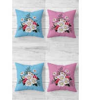 Gül Buketi Ve Papatya Vintage Gizli Fermuarlı Kırlent Kılıfı Koltuk Yastık Kılıfı Takım(4adet) (Pembe-Turkuaz)