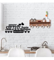 BK Home Doğal Ahşap Raflı Dekoratif Fincan Askılığı ve Mutfak Duvar Süsü-9 (Siyah)