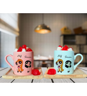 Power Puff Blossom & Buttercup Arkadaş Çift Tasarımlı Pembe & Yeşil Ahşap Tabaklı Kişiye Özel Türk Kahvesi Fincanı Seti