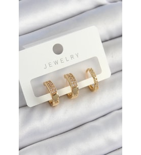Pirinç Zirkon Taşlı Halka Model Gold Renk 3'lü Çift Kadın Küpe Set - TJ-BKP10838