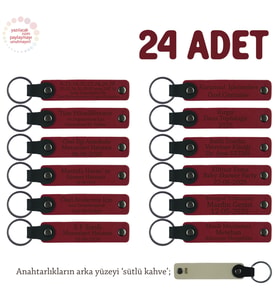 Kurum İçi Eğitim Sertifika Töreni Hediyesi, 24'lü Set, İsimli Deri Anahtarlık, Kırmızı & Sütlü Kahve