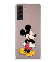 Samsung Galaxy S21 Plus Soft Premier Kapak Mickey Mouse-D Tasarımlı Silikon Kılıf - Pudra (Şeffaf)