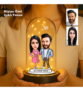 Kişiye Özel Çift Karikatür Fanus  Sevgili ve Evlilere Özel Işıklı Biblo