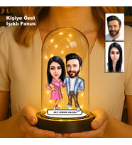 Kişiye Özel Çift Karikatür Fanus  Sevgili ve Evlilere Özel Işıklı Biblo