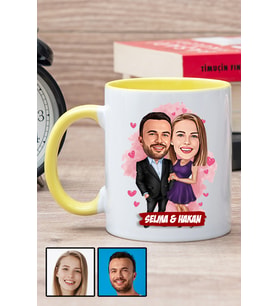 Sevgiliye Romantik Yıldönümü Hediyesi Karikatürlü Sarı Kupa Bardak