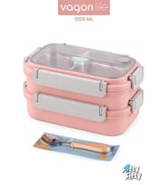 1200 ML İki Kat Üç Bölme Paslanmaz Çelik Bento Lunch Box Sefer Tası Kaşıklı