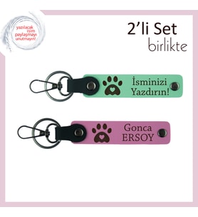 Pati ve Kalp Motifli Anahtarlık Seti, Hayvansever Sevgiliye Özel, İsim Yazılabilir, Açık Yeşil-Pembe