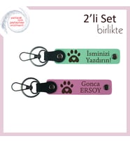 Pati ve Kalp Motifli Anahtarlık Seti, Hayvansever Sevgiliye Özel, İsim Yazılabilir, Açık Yeşil-Pembe